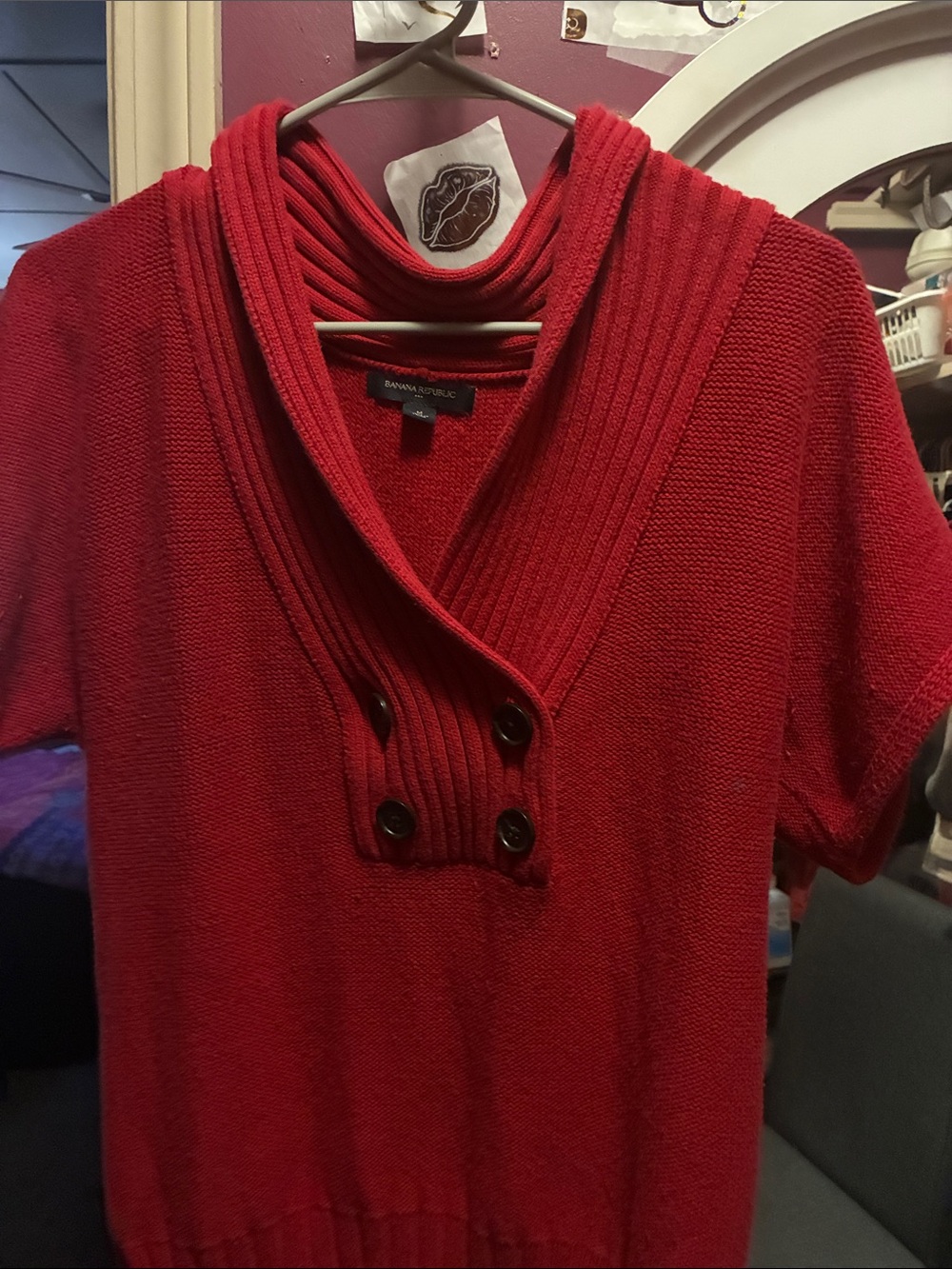 Banana Republic Red Short-Sleeve Cowl Neck Sweater with Button Placket